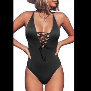 Cupshe Women's Black V Neck Lace Up One Piece Swimsuit
